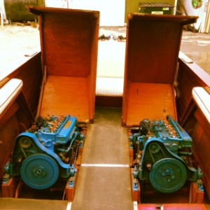 A picture of 2 boat engines in a boat